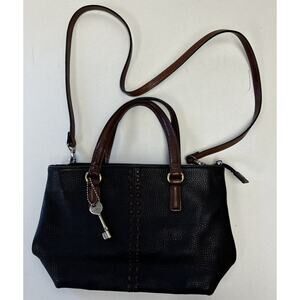 Fossil Bag Black Pebbled Leather Key Charm Vintage Womens Purse Double Handle